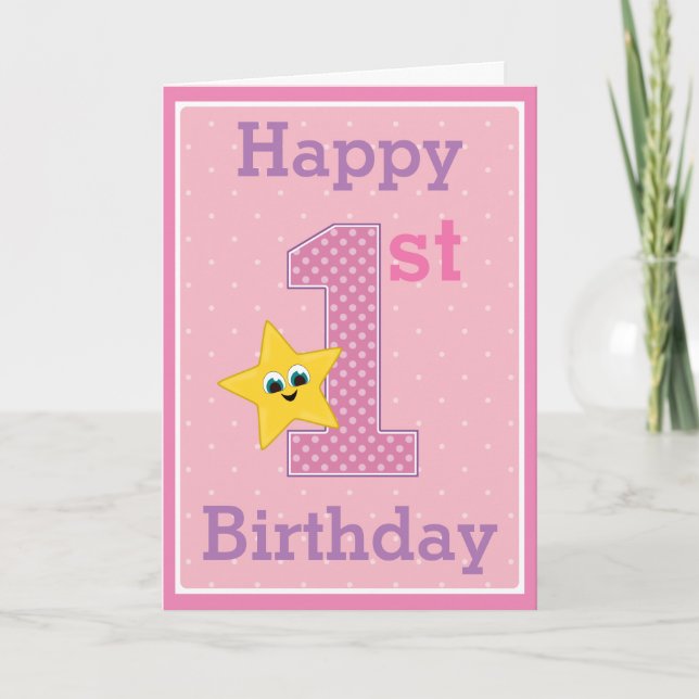 Tarjeta Primer Chica de cumpleaños, rosa con estrella amar (Anverso)