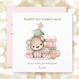Tarjeta Primer Chica de Navidad de Teddy Bear Rosado