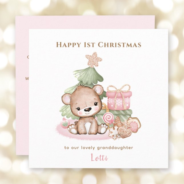 Tarjeta Primer Chica de Navidad de Teddy Bear Rosado (Pink Teddy Bear Girl First Christmas Card)