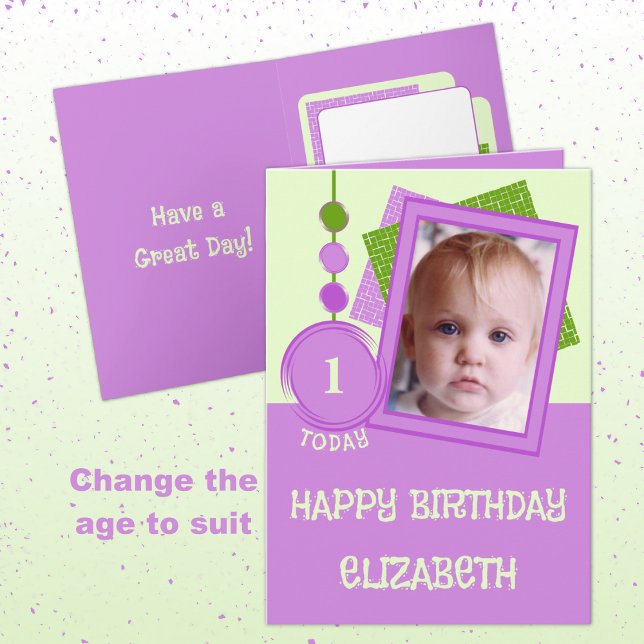 Tarjeta Primer cumpleaños 1 hoy nombre foto morado verde (Subido por el creador)