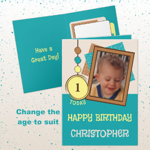 Tarjeta Primer cumpleaños 1 hoy nombre foto turquesa marró