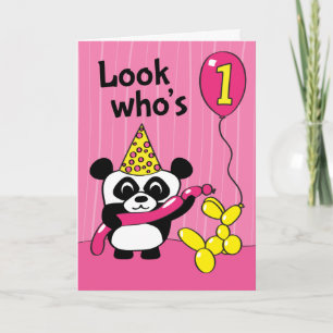 Tarjeta Primer cumpleaños - Chica Panda con globos