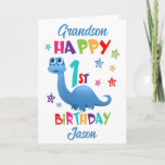 Tarjeta Primer cumpleaños de Grandson Dinosaur<br><div class="desc">¡Una tarjeta especial de primer cumpleaños para tu nieto! Esta brillante y divertida tarjeta de cumpleaños incluye un dinosaurio azul, algunas estrellas de bonito y texto colorido. Un diseño lindo para alguien que tendrá un año. Añada el nombre del niño de primer año de edad al frente de la tarjeta...</div>