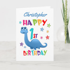 Tarjeta Primer cumpleaños de los dinosaurios azules