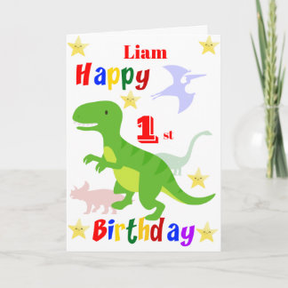 Tarjeta Primer cumpleaños de los dinosaurios verdes