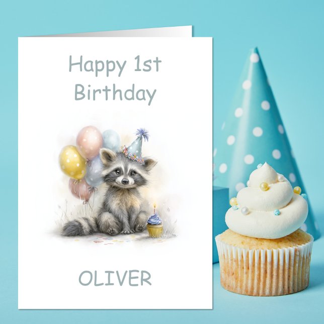 Tarjeta Primer cumpleaños de Mapache Adorable (Subido por el creador)