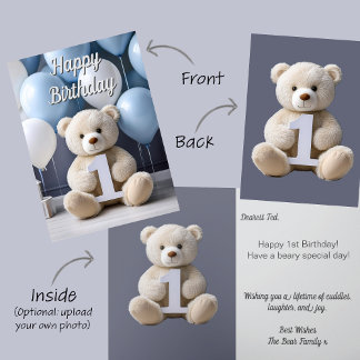 Tarjeta Primer Cumpleaños de Niño Oso de Peluche Lindo y G