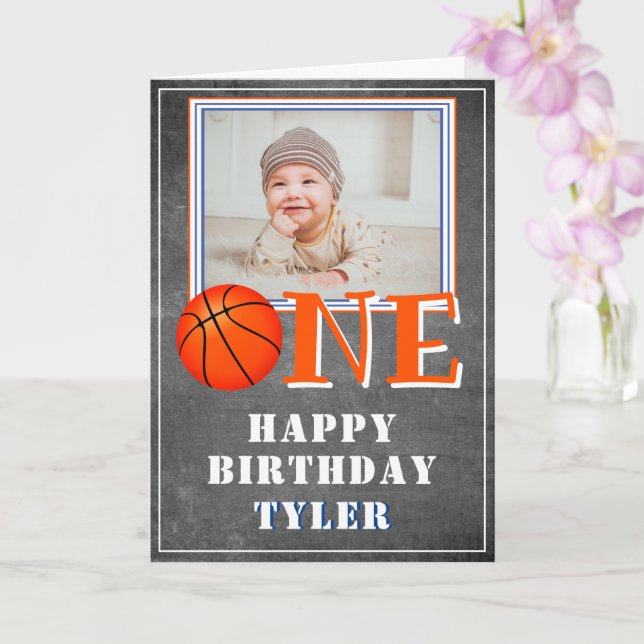 Tarjeta Primer cumpleaños de una foto de Baloncesto en un  (Orquídea)