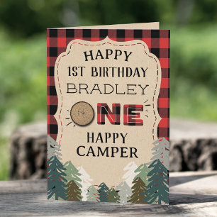 Tarjeta Primer cumpleaños del bosque de Camper Plaid
