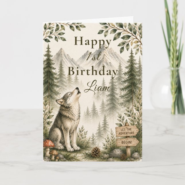 Tarjeta Primer Cumpleaños del Lobo del Bosque (Anverso)