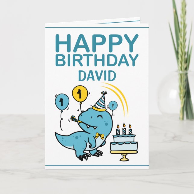 Tarjeta Primer cumpleaños del nieto de dinosaurio azul lin (Anverso)