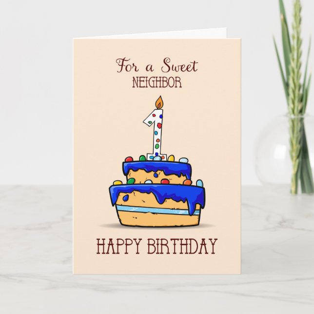 Tarjeta Primer cumpleaños del vecino, 1 en dulce pastel az (Anverso)