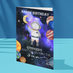 Tarjeta Primer Cumpleaños Espacio Astronauta Galaxia Plane
