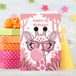 Tarjeta Primer cumpleaños Giraffe Burbuja rosa bandida gra