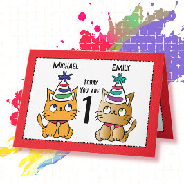 Tarjeta Primer cumpleaños lindo gato Personalizado gemelo 