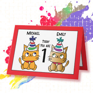Tarjeta Primer cumpleaños lindo gato Personalizado gemelo