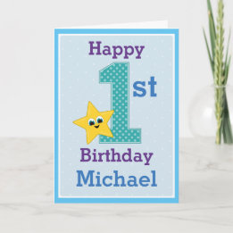 Tarjeta Primer Cumpleaños Niño, Azul con Estrella Amarilla