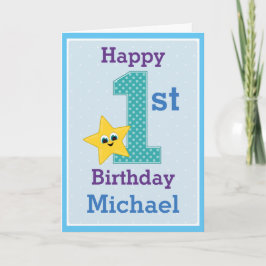 Tarjeta Primer Cumpleaños Niño, Azul con Estrella Amarilla
