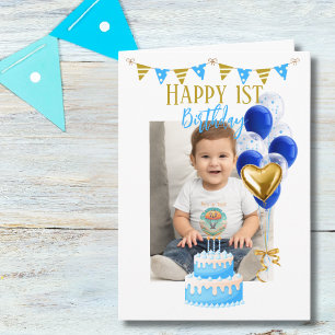 Tarjeta Primer Cumpleaños Niño Foto Globo Azul Dorado Lind