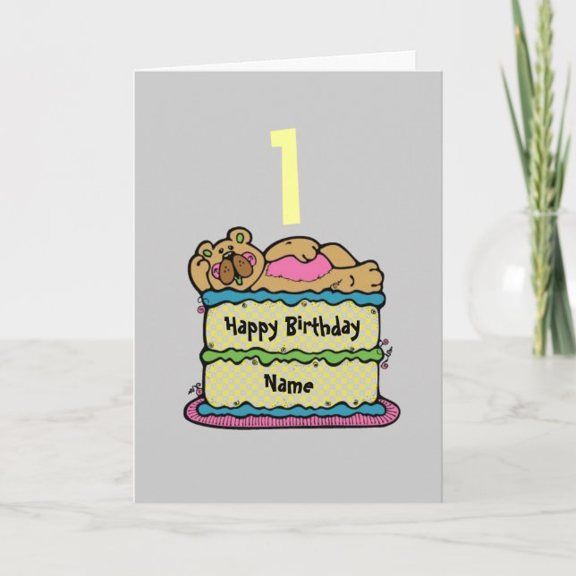 Tarjeta Primer cumpleaños pastel de peluche personalizado (Anverso)