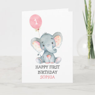 Tarjeta Primer cumpleaños primer Chica de Elefante Rosa
