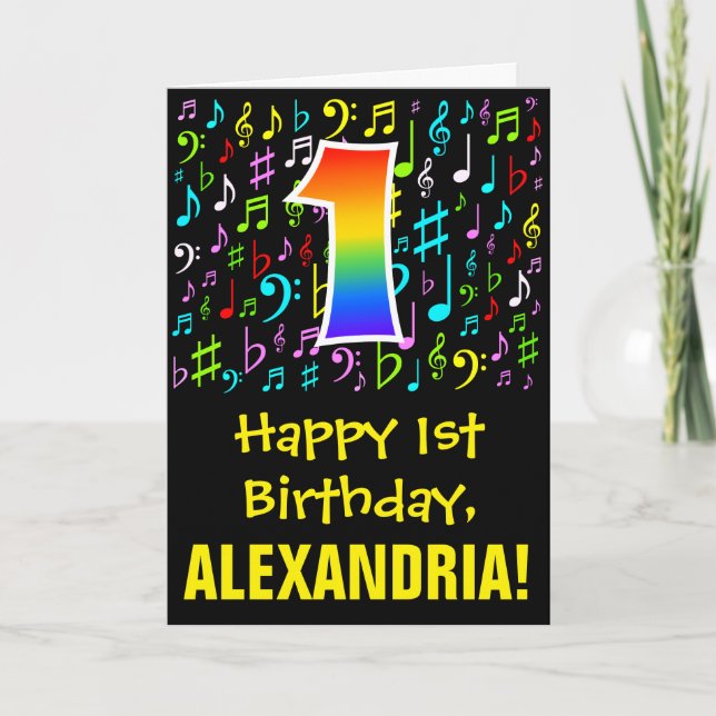 Tarjeta Primer cumpleaños: Símbolos musicales coloridos +  (Anverso)