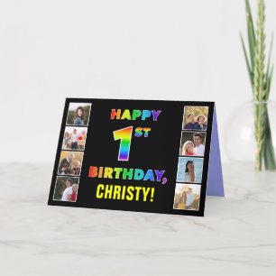 Tarjeta Primer cumpleaños: texto arcoiris, fotos y nombre