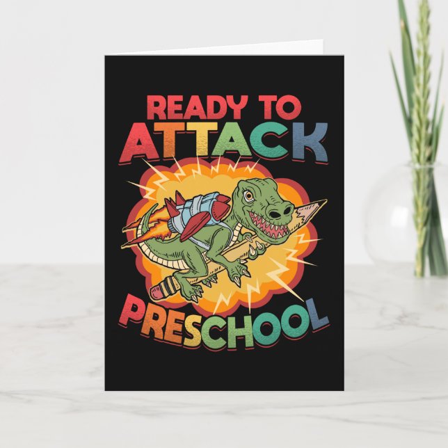 Tarjeta Primer día de dinosaurio preescolar de vuelta a la (Anverso)