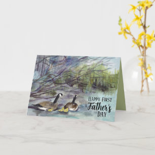 Tarjeta Primer Día del Padre Gansos Familia Aves Bebés Lag