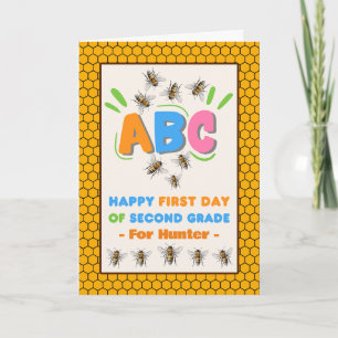 Tarjeta Primer día en segundo grado con abejas Añadir nomb