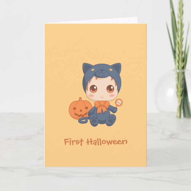 Tarjeta Primer disfraz de gato negro para bebé de Hallowee (Anverso)