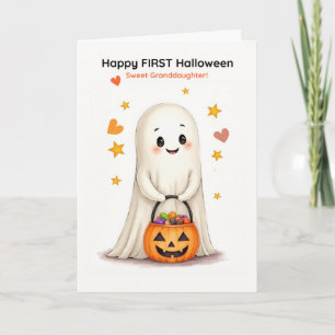 Tarjeta Primer Halloween de la nieta, fantasma tímido y li