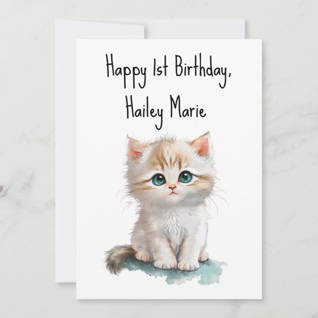 Tarjeta Primer Kitten de cumpleaños con ojos azules person (Anverso)