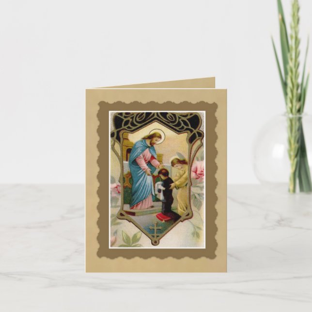 Tarjeta Primer muchacho de la comunión santa con Jesús y (Anverso)