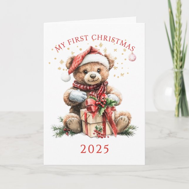 Tarjeta Primer Navidad del bebé con oso de peluche  (Anverso)