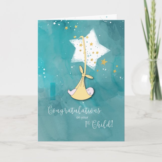 Tarjeta Primer niño, felicitaciones, bebé en estrellas (Anverso)