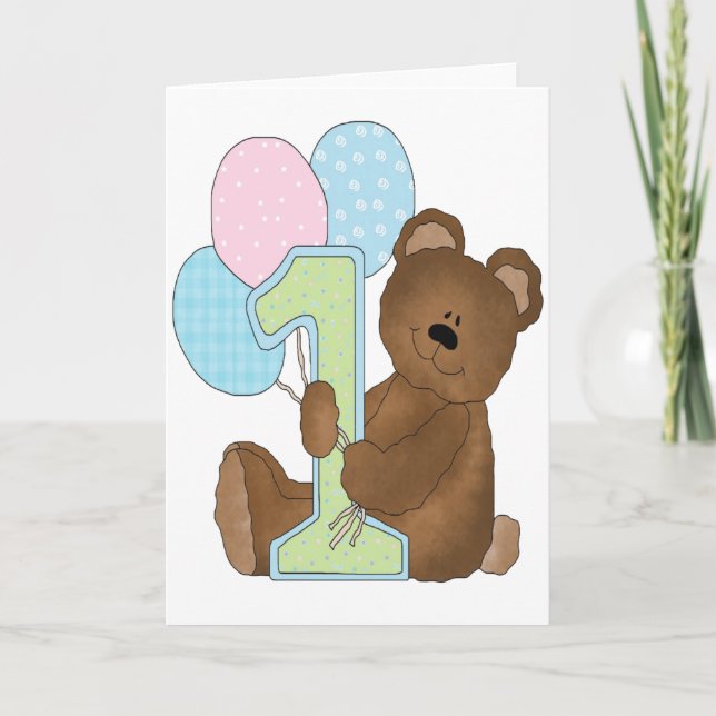 Tarjeta Primer oso de cumpleaños y globos (Anverso)