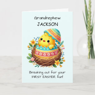 Tarjeta Primer Pascua del sobrino nieto Pollito Rompiendo 