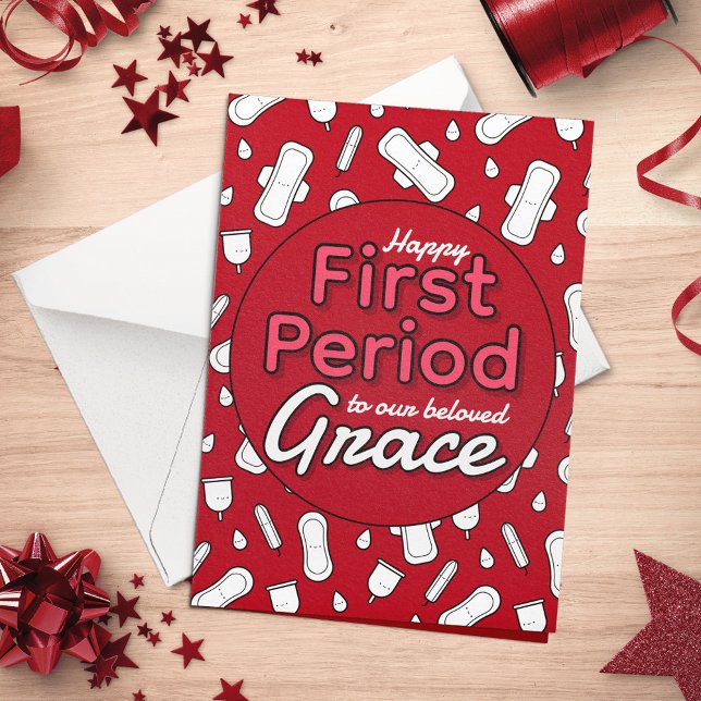 Tarjeta Primer periodo de la almohadilla del Personalizado (Red Cartoon Pad Tampon Teen Girl First Period Card)