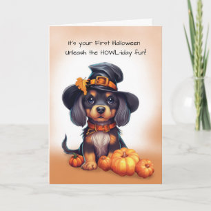 Tarjeta Primer perro negro de Halloween vestido con calaba