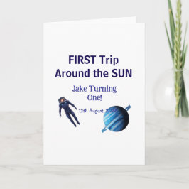 Tarjeta Primer viaje alrededor del sol planeta astronauta 