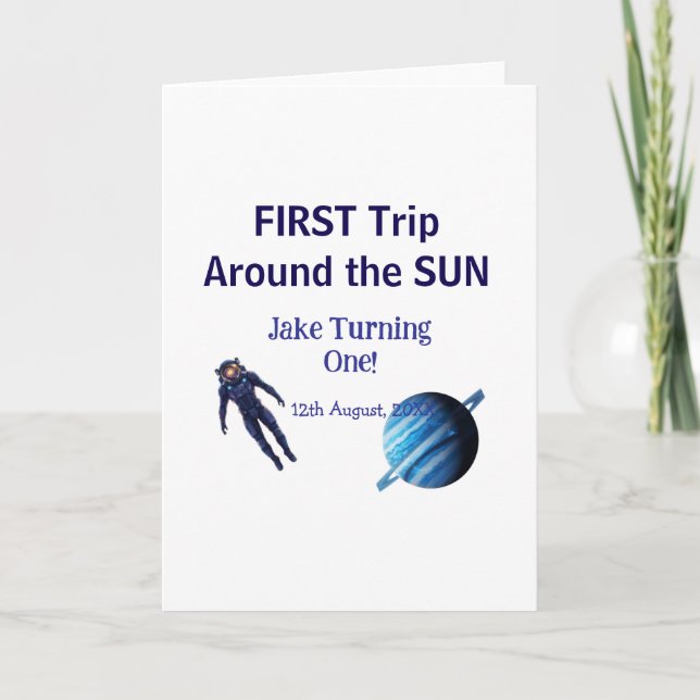 Tarjeta Primer viaje alrededor del sol planeta astronauta  (Anverso)