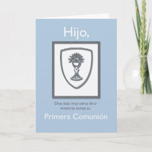 Tarjeta Primera comunión, español, azul y plata del hijo