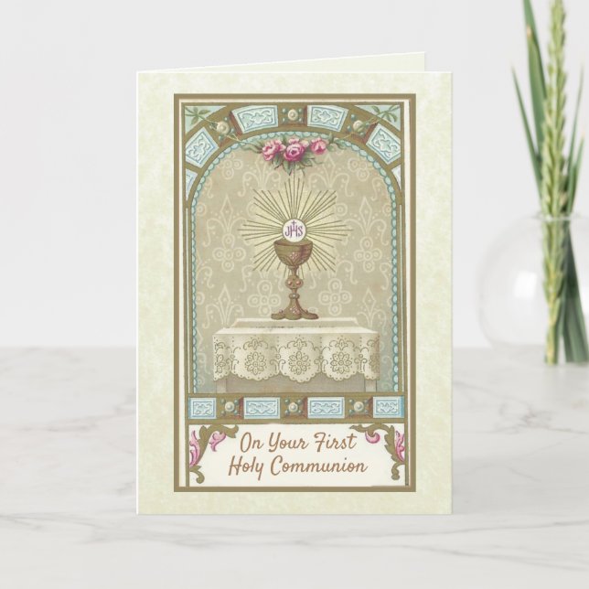 Tarjeta Primera Comunión Vintage Eucaristía Altar (Anverso)