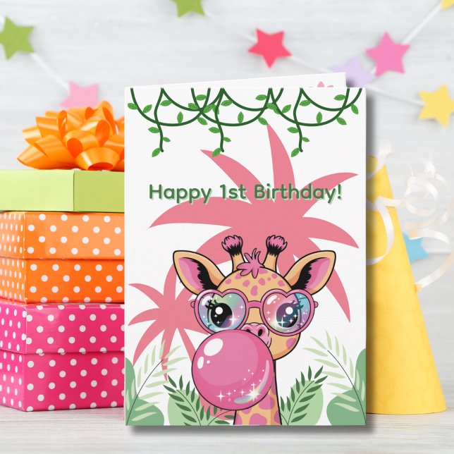 Tarjeta Primera jirafa de cumpleaños burbuja rosa divertid (Subido por el creador)