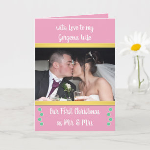 Tarjeta Primera Navidad como Sr. y Sra. foto rosa y verde