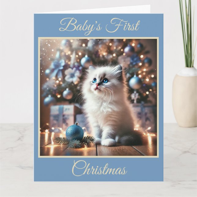 Tarjeta Primera Navidad de Baby Kitten (Azul) (Anverso)