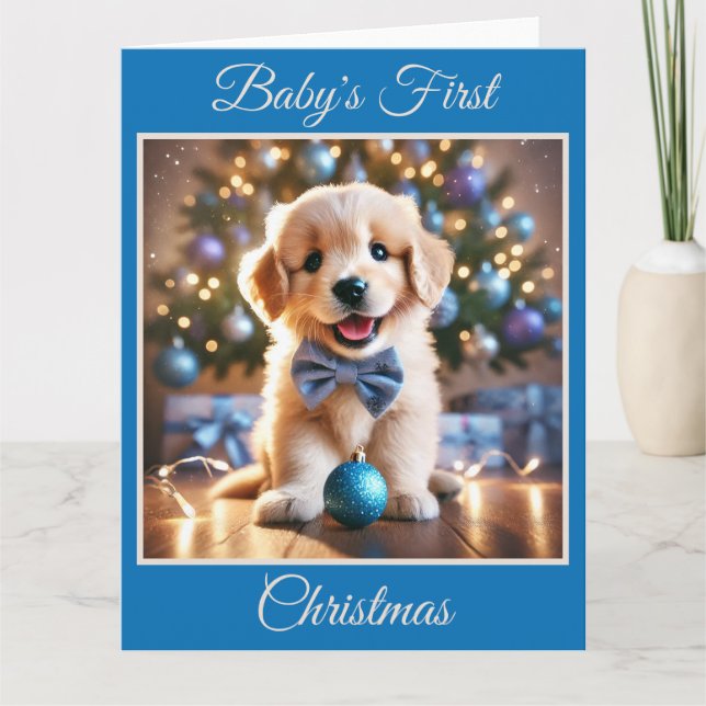 Tarjeta Primera Navidad de Baby Puppy (Azul) (Anverso)