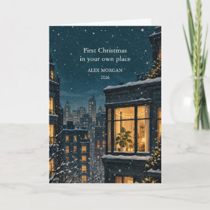 Tarjeta Primera Navidad en Casa Ventana Invernal Acogedora