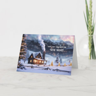 Tarjeta Primera Navidad en su nuevo hogar Cabaña en la nie